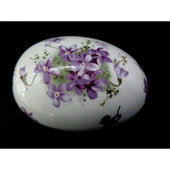 Porcelain Vtg Trinket Box Victorian Violets Bone China Oval Egg Made in England - Picture 1 of 3